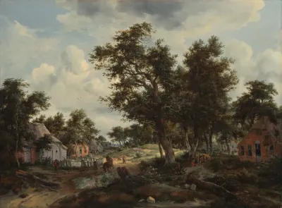 A Wooded Landscape With Travelers On A Path Through A Hamlet