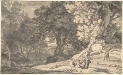 A Wooded Landscape With Travellers By The Roadside A Stream Beyond