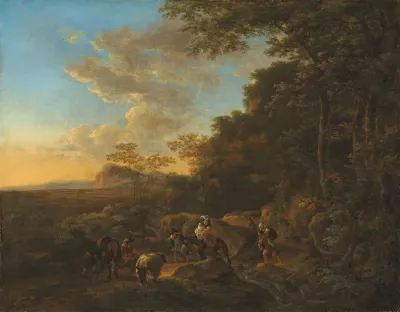 A Wooded Landscape With Travellers Crossing A Ford