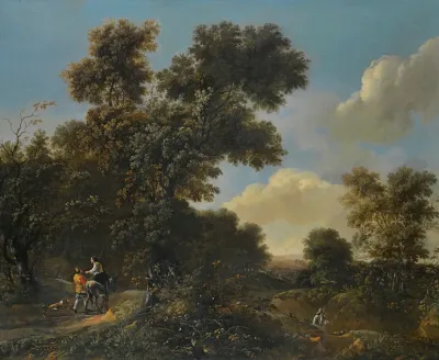 A Wooded Landscape With Travellers On A Sandy Path