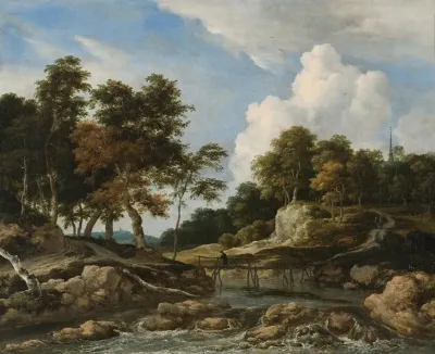 A Wooded River Landscape With A Bridge A Church Beyond