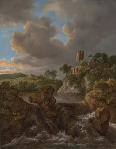 A Wooded River Landscape With A Waterfall A Church And Farm Beyond