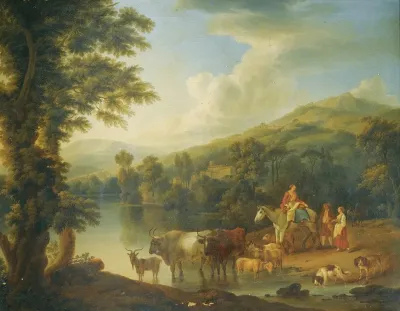 A Wooded River Landscape With A Woman On A Grey Horse With Animals Watering
