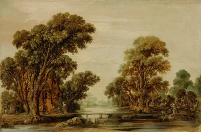 A Wooded River Landscape With Figures And A Cottage Near A Footbridge