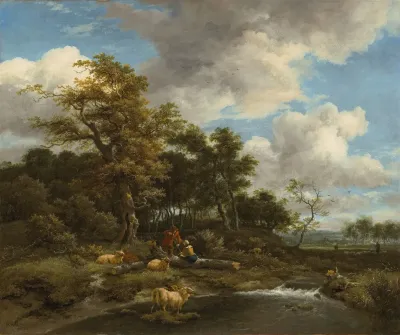 A Wooded River Landscape With Shepherds And Their Flock