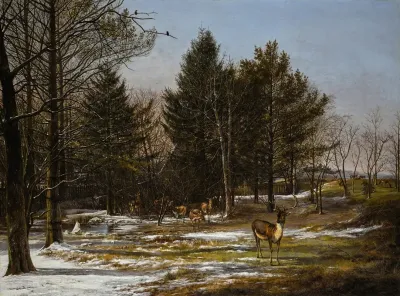 A Wooded Winter Landscape With Deer