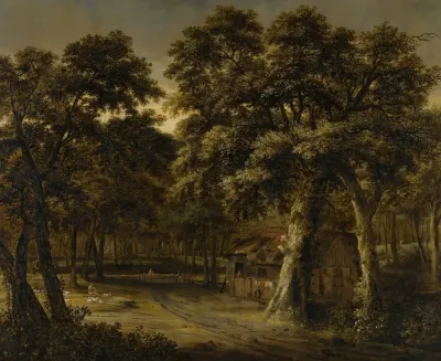A Woodland Scene With A Cottage And Figures