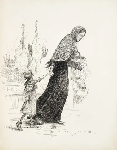 A Worn Woman With An Empty Shopping Basket Pulls A Young Girl Passed A Shop With Fresh Foul For Sale