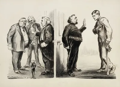 A Wounded Soldier Is Denied Entrance To Congress Where Three Stout Politicians Are Arguing