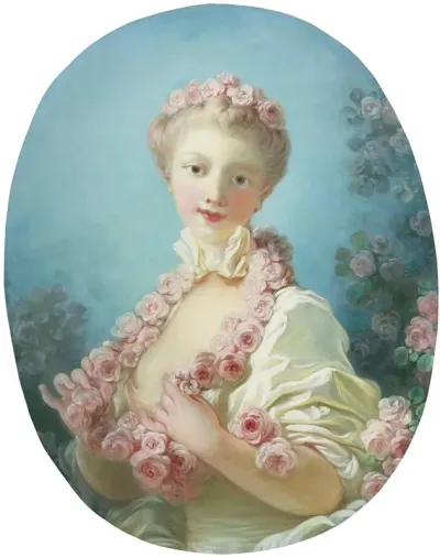 A Young Blonde Woman With A Garland Of Roses Around Her Neck
