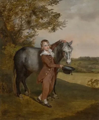 A Young Boy Holding A Pony And Hat In A Landscape