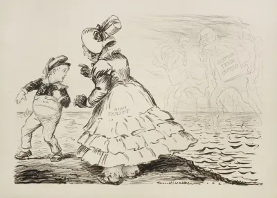 A Young Boy Representing U S Manufacturers Is Kept Away From The American Shoreline By A Woman Representing High Tariffs
