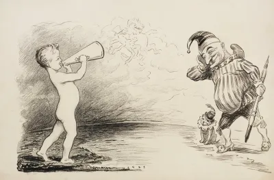 A Young Boy Shouts Through A Megaphone At A Man And A Dog Wearing Jesters Outfits