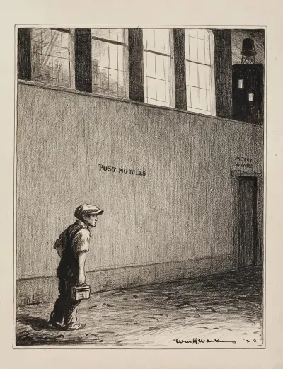 A Young Boy With A Lunch Box Goes To Work At A Factory