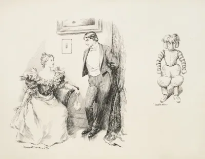 A Young Couple In Fancy Clothes Talking Together And A Figure In Exaggerated Football Uniform