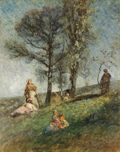 A Young Family Under Trees On A Hill
