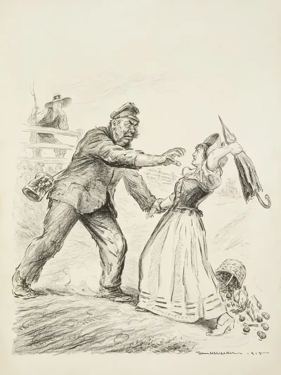 A Young Farm Girl Representing Civilization Is Grabbed By A Rough Man Representing Germany Or Prussia And Tries To Defend Herself With An Umbrella