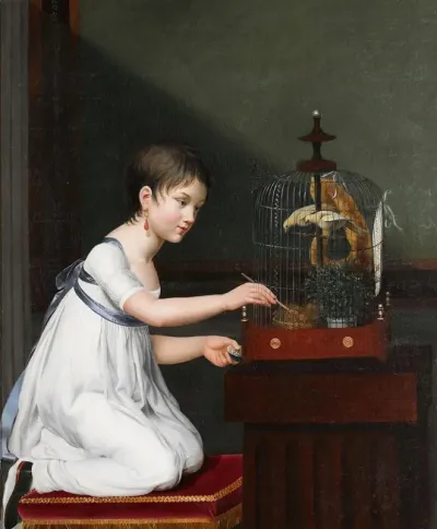 A Young Girl In A White Dress With A Green Sash Kneeling By A Bird Cage While Tending To Her Birds