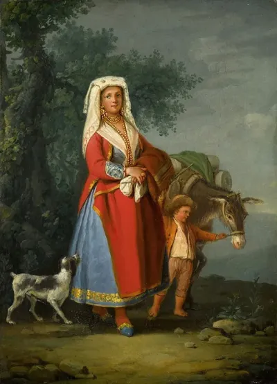 A Young Girl In Traditional Neapolitan Dress In A Landscape Together With A Young Boy And A Donkey