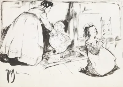 A Young Girl Kneels To Pray While Behind Her A Woman Guides A Younger Girl Towards An Empty Chair