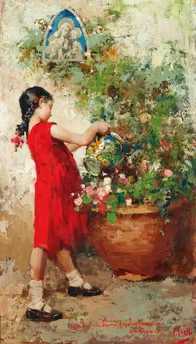 A Young Girl Watering Flowers