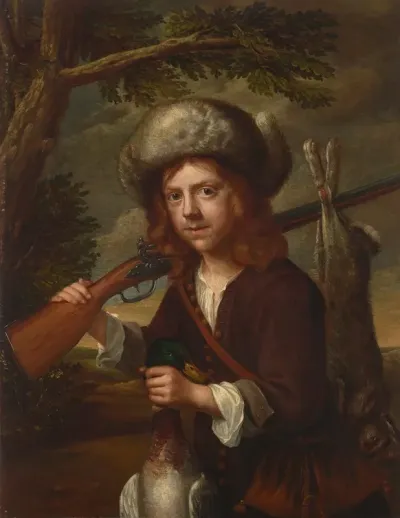 A Young Hunter In A Fur Cap With A Rifle Mallard And Hare