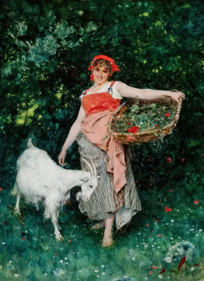 A Young Italian Woman With A Goat And A Flower Basket