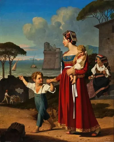 A Young Italian Woman With Her Children And An Old Woman Spinning Nettuno