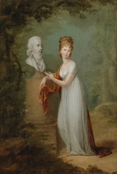 A Young Lady By Her Husbands Bust In A Park