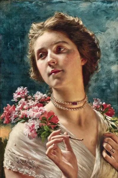 A Young Lady With A Floral Garland Draped Over Her Shoulders And A Pearl Necklace