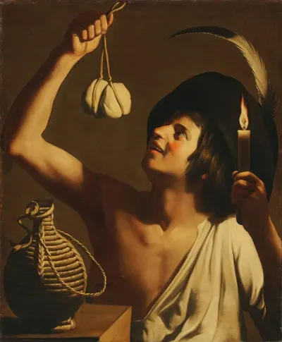 A Young Man Holding A Burning Candle And A Scamorza Cheese A Fiasco Bottle Beside Him