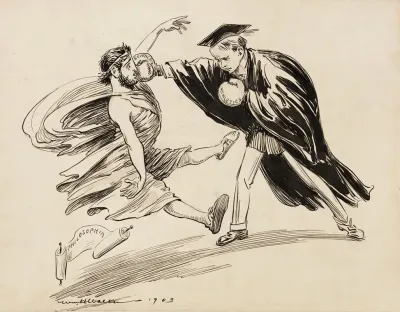 A Young Man In A Scholars Robe With Boxing Cloves Representing The Sciences And Athletics Punches A Man In Roman Robes Representing Philosophy