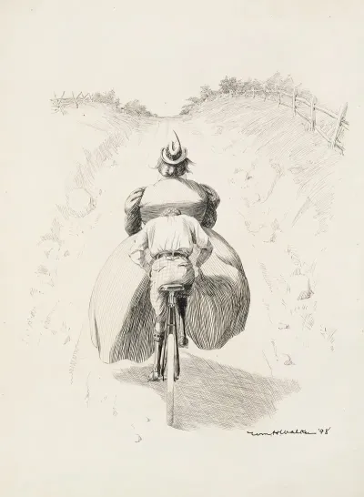 A Young Man Tries To Pedal His Bicycle Up A Hill With A Fat Woman Seated On His Handle Bars