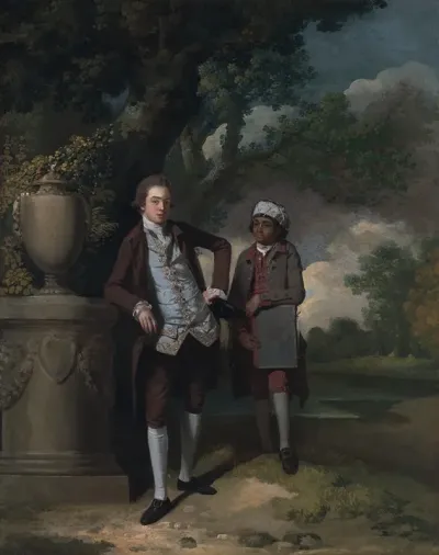 A Young Man With His Indian Servant Holding A Portfolio