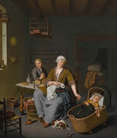 A Young Mother Tending To Her Two Children In A Domestic Interior