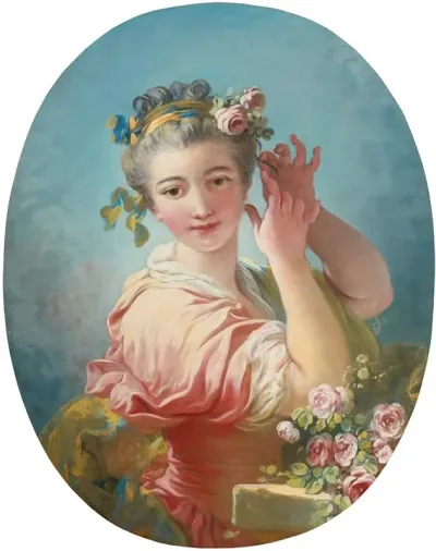 A Young Woman Adorning Her Powdered Coiffure With A Spray Of Roses