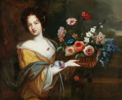 A Young Woman Carrying A Basket Of Flowers