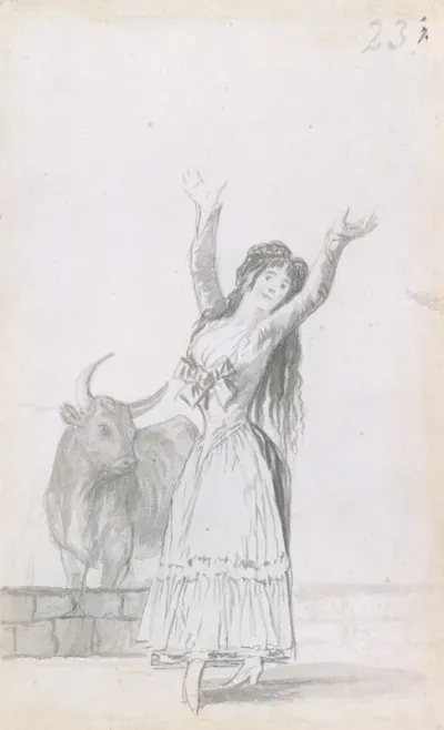 A Young Woman Dancing Her Arms Raised A Bull In The Background