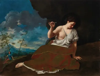 A Young Woman Holding A Flower Reclining In A Landscape A Young Man In The Distance Beyond