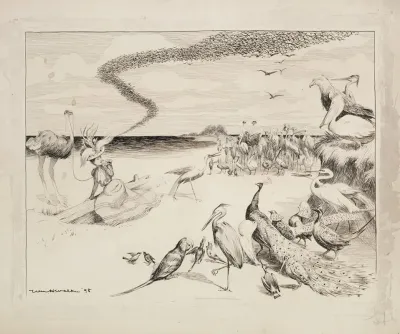 A Young Woman On A Beach Is Frightened By And Surrounded By A Crowd Of Birds Of Various Species