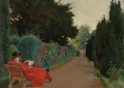 A Young Woman Reading On A Garden Path