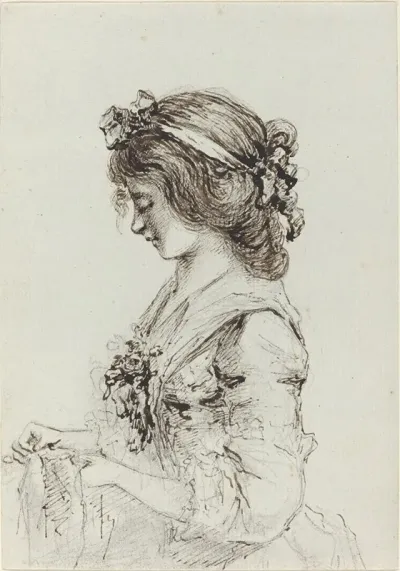A Young Woman Sewing Recto