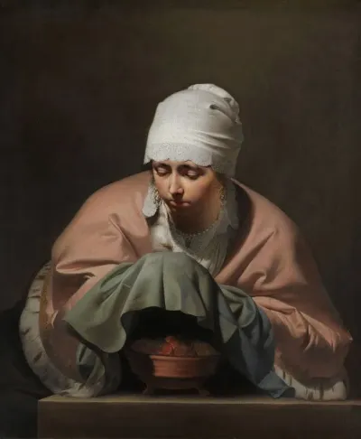 A Young Woman Warming Her Hands Over A Brazier
