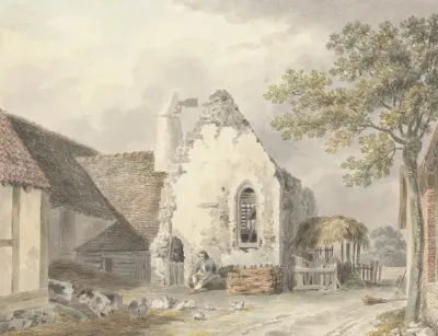 A Youth In A Farmyard With Pigs And Poultry
