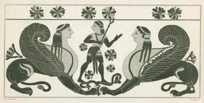 A Youthful Hermes Stands On A Plant Between Two Crouching Sphinxes