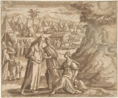 Aaron And Nadab Taking Leave Of Elisheba With The Israelites Camped Before Mount Sinai And Moses Ascending The Mountain