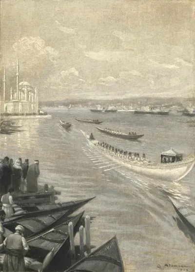 Abdulhamid Ii Crossing The Bosphorus For His Coronation In The Eyup Sultan Mosque The Dolmabahce Mosque Beyond