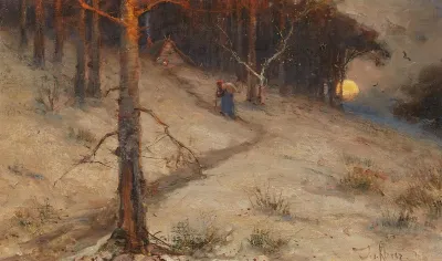 Abendliche Landschaft Mit Krautersammlerin