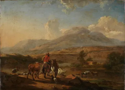 Abendliche Sudliche Landschaft Mit Hirten An Einer Furt