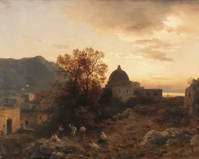 Abendstimmung An Der Italienischen Kuste Mit Tanzenden Figuren